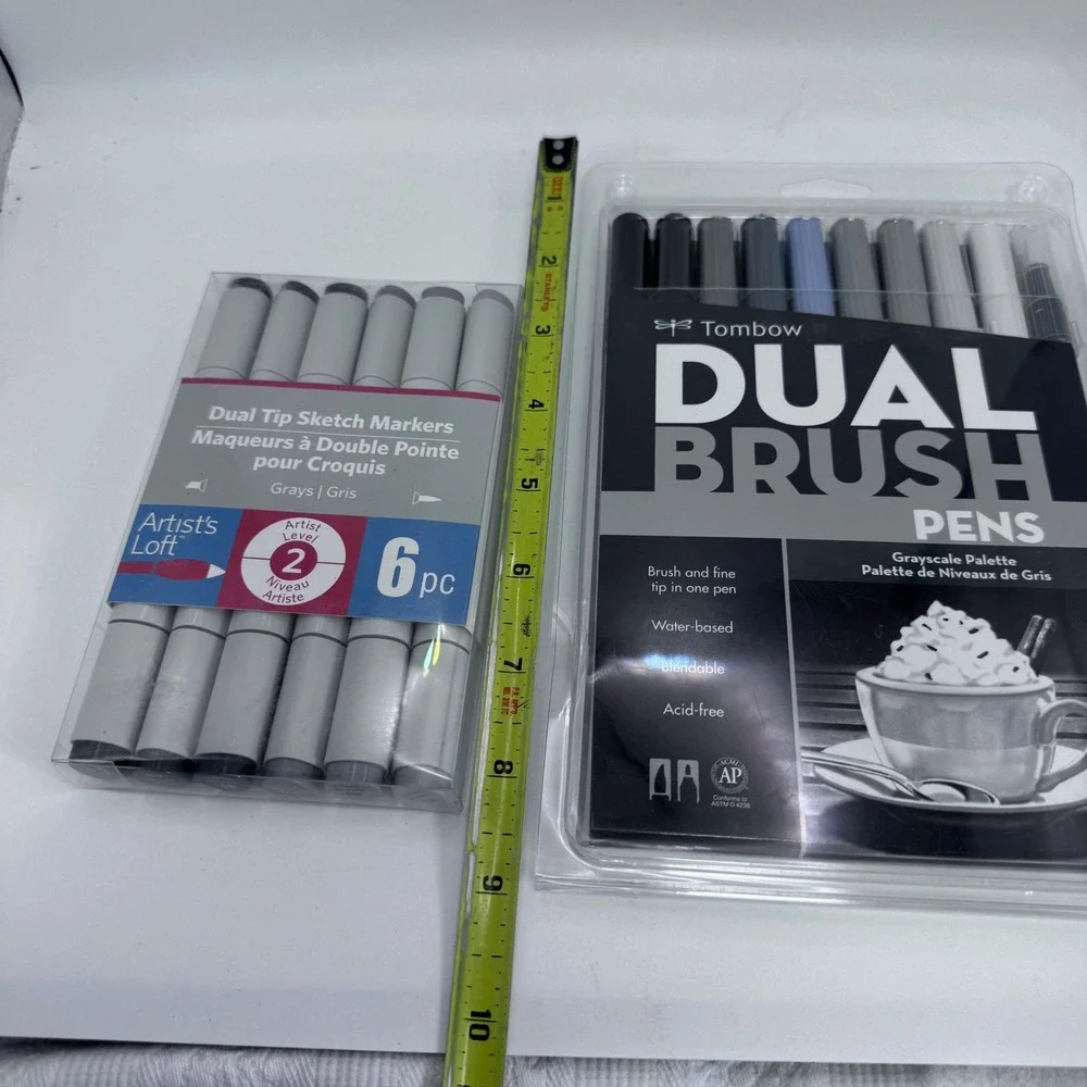 Tombow Dual Brush Pens Grayscale‎ 10pc & Artist's Loft Sketch Markers Bundle New
